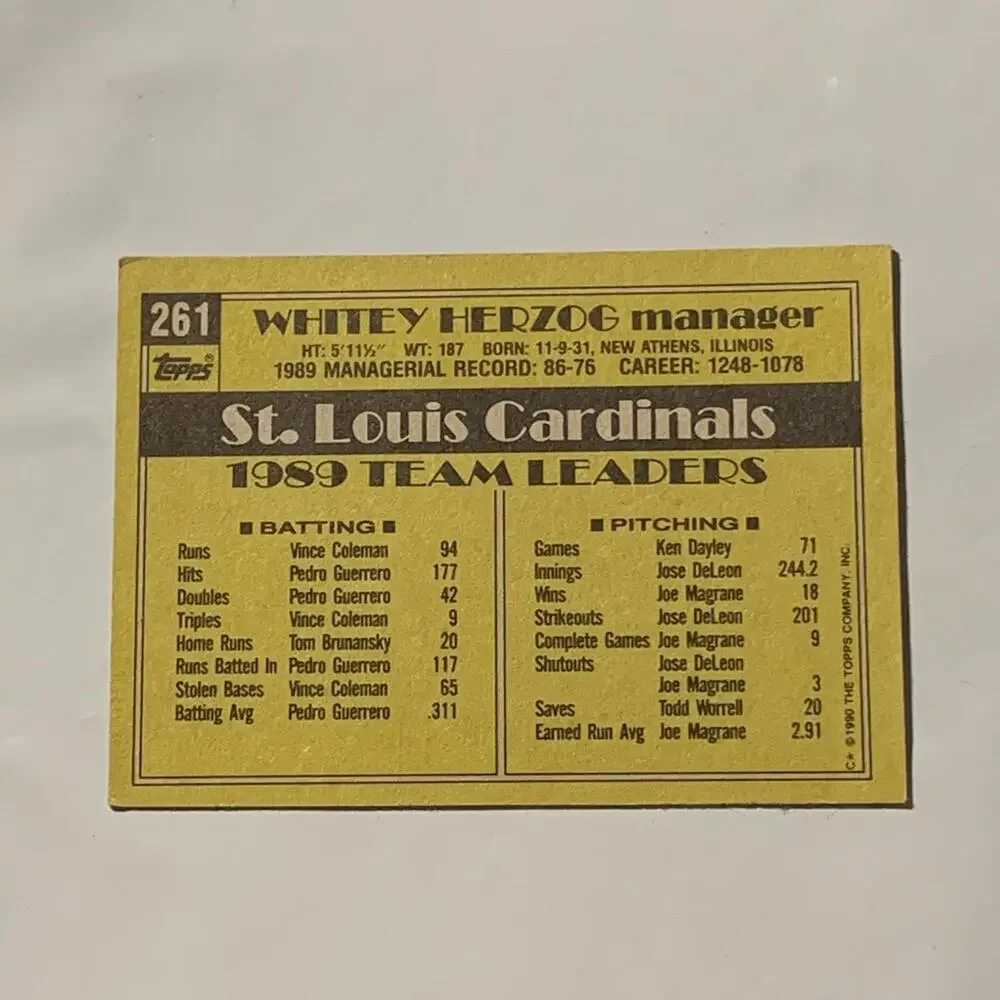 1989 Whitey Herzog St. Louis Cardinals Manager Baseball Card #261‎
